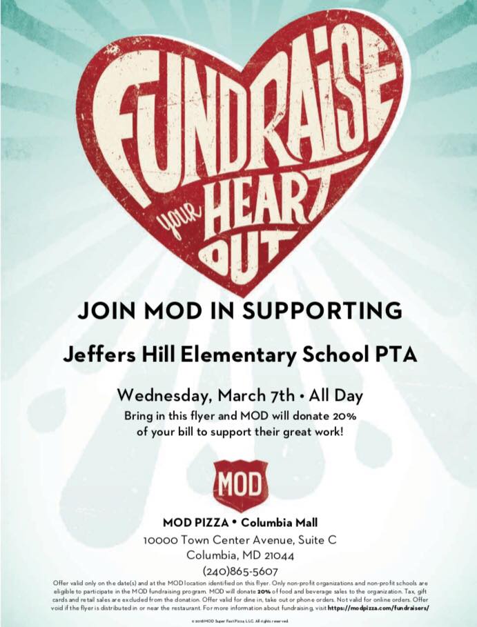 JHES_PTA's tweet photo. Restaurant Night - March 7th at MOD Pizza. @hcpss_jhes @JHES_PTA https://t.co/rbm2yTyCSY