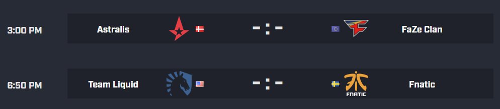 IEM's tweet photo. The two semifinals for tomorrow!

@astralisgg vs. @FaZeClan 
@TeamLiquid vs. @FNATIC 

Who will make it to the grand-finals? #IEM https://t.co/8qMQrO3C4V