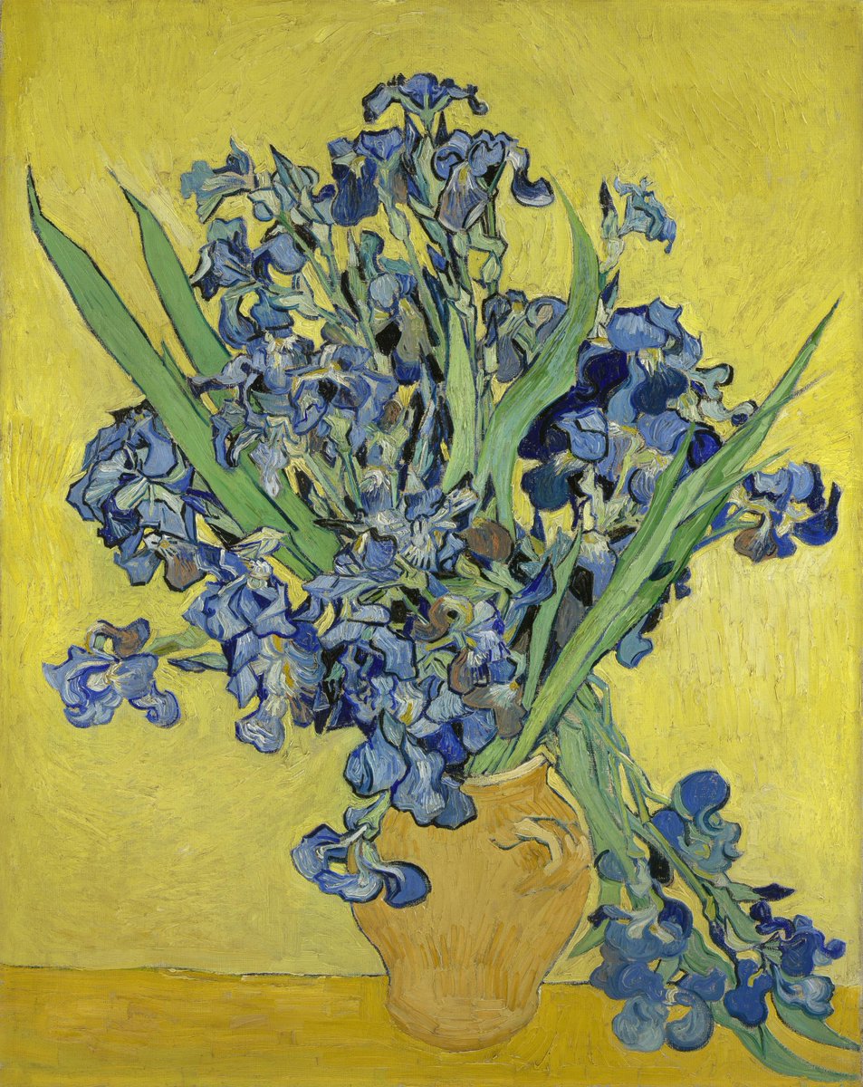 Carloscapval's tweet photo. En el quadre " Lliris " de Van Gogh podeu veure clarament com es contrasten els colors freds ( les flors i les fulles dels lliris ) i els colors càlids (el test i els colors de fons).
 ( Font : https://t.co/8FeCivTnqG ) https://t.co/rAxaBg3NeJ