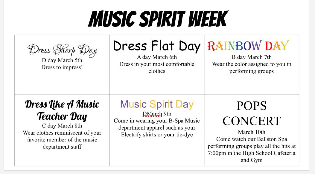 Music Spirit week is this coming week (3/5-3/10) and the Pops Concert is a week from tomorrow! Show your pride in BSPA Music this week! #MusicInOurSchoolsMonth #TriM <a href="/BSPAHS/">BSPAHS</a> <a href="/tkderagon/">TracyDeRagonMusic</a> @OfficialNYSSMA <a href="/NYSCAME/">NYSCAME</a> <a href="/NAfME/">nafme</a>