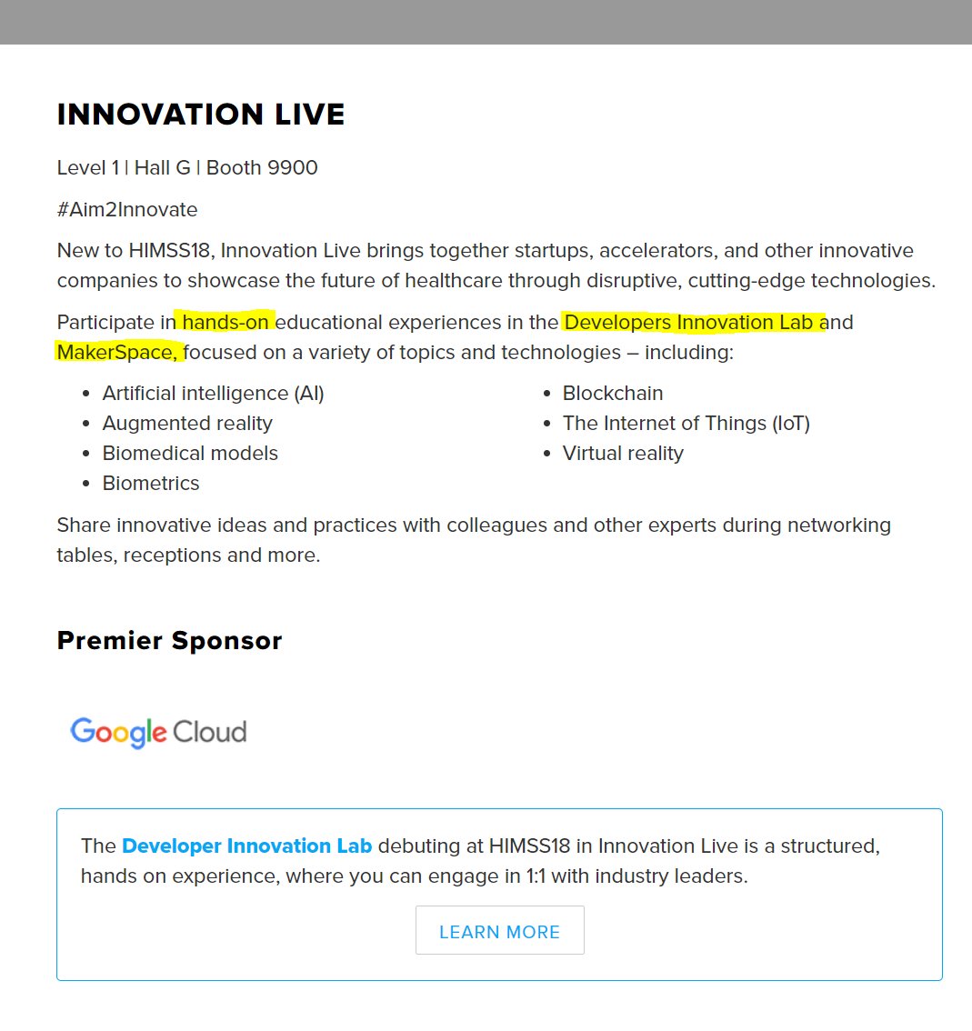 RasuShrestha's tweet photo. New to #HIMSS18, INNOVATION LIVE brings together startups, accelerators, and other innovative companies to showcase the future of healthcare.
https://t.co/4adL5xHlpv
#aim2innovate #hdpalooza #AI #blockchain #VR #IoT #makerspace https://t.co/NEEtn8NQjs