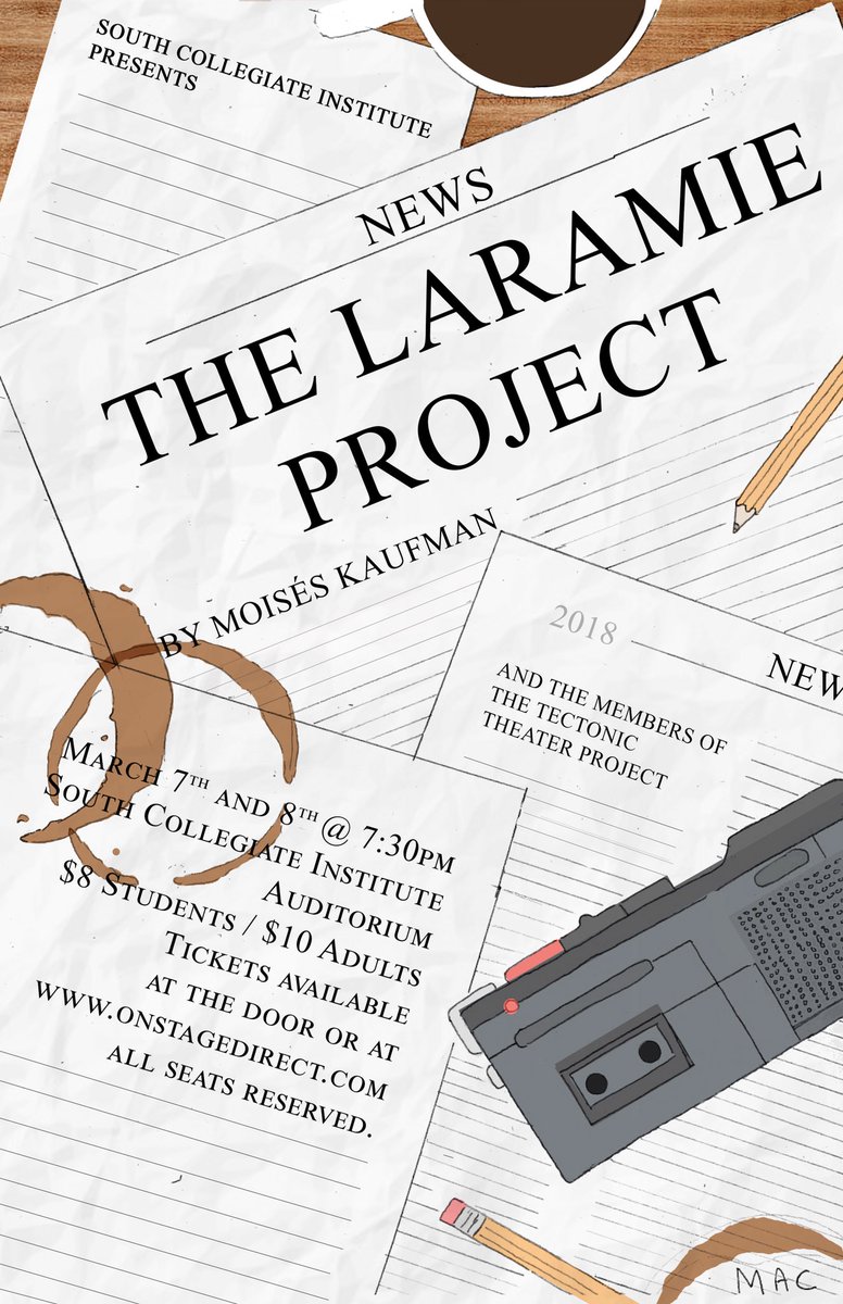 SCILionsEnglish's tweet photo. Do you have tickets for South Collegiate Institute’s production of The Laramie Project yet? Performances are March 7 and 8 at 7:30. Tickets $8 for students, $10 for adults. Tickets available at the door or online from https://t.co/puMUZfkshM https://t.co/3WZ41T5A0n