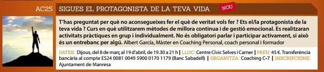 coaching_C7's tweet photo. Dijous comença el curs "Sigues el protagonista de la teva vida" que imparteix el nostre soci coach Albert Garcia Morell al Centre Cívic Selves i Carner de Manresa. Per més informació i inscripcions al mateix centre o a coachingc7@gmail.com https://t.co/YGmGPVmPTa