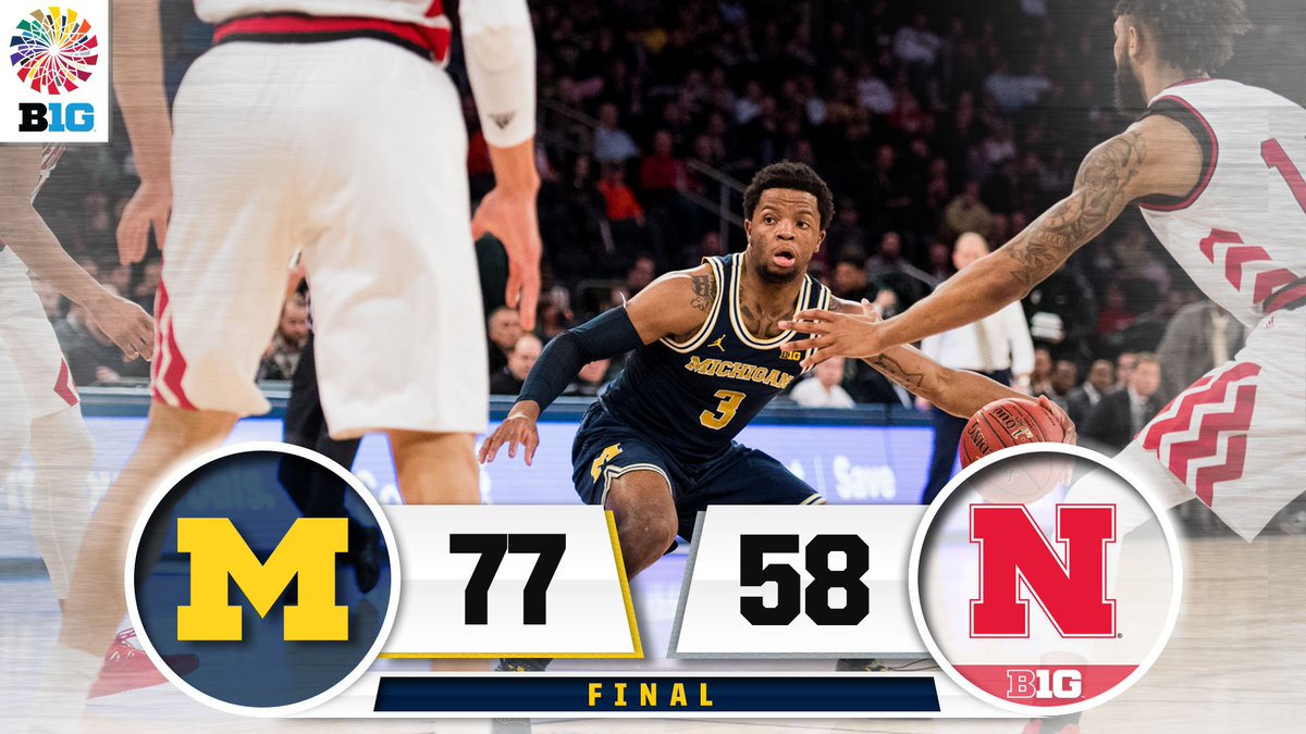 umichbball's tweet photo. The Maize and Blue get another W!! 

Today's win comes behind a double-double for Moe Wagner (20 points, 13 rebounds) and a career milestone for Duncan Robinson. 

We will play Michigan State tomorrow at 2pm.

#GoBlue 
#B1GTourney https://t.co/cgdSar8ysy