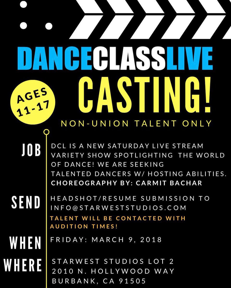 DanceClassLive's tweet image. We are doing another round of castings! If you are a non-union dancer/host between the ages of 11-17, we want to see YOU! 🎬✨ Choreography &amp;amp; Casting by @therealCarmit 

Send your headshot &amp;amp; resume submission to info@starweststudios.com &amp;amp; we will contact you with audition times!