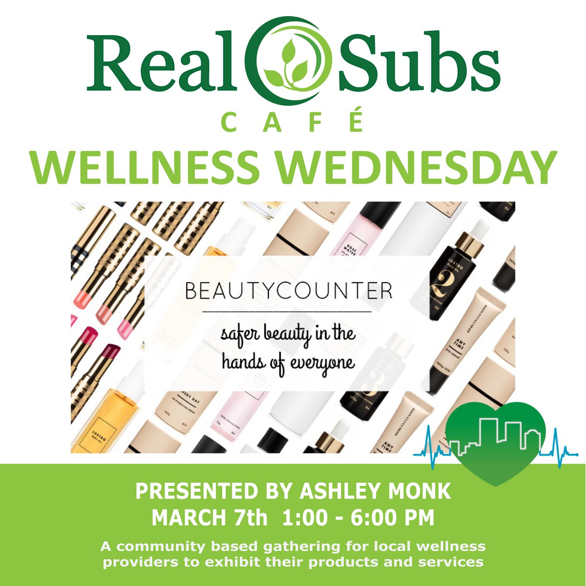 RealSubsCafe's tweet photo. @RealSubsCafe We're very excited to have #AshleyHenryMonk presenting #BEAUTYCOUNTER this coming Wednesday, March 7th! Real Subs will be providing free beverages from our Detox Bar throughout the event! https://t.co/BusVVlxfrJ