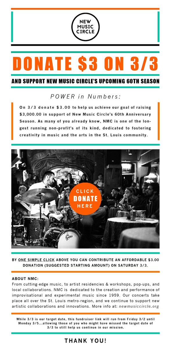 POWER IN NUMBERS: On 3/3 donate $3.00 to help New Music Circle achieve our goal of raising $3,000.00 in support of our 60th Anniversary Season. Please donate now! paypal.com/cgi-bin/webscr…