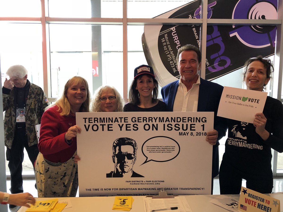 Schwarzenegger's tweet photo. Love seeing the #YesonIssue1 campaign talking to voters about redistricting reform inside the @ArnoldSports Festival. Stop by and talk with them and vote yes on May 8 and terminate gerrymandering. https://t.co/d99lda3zNR