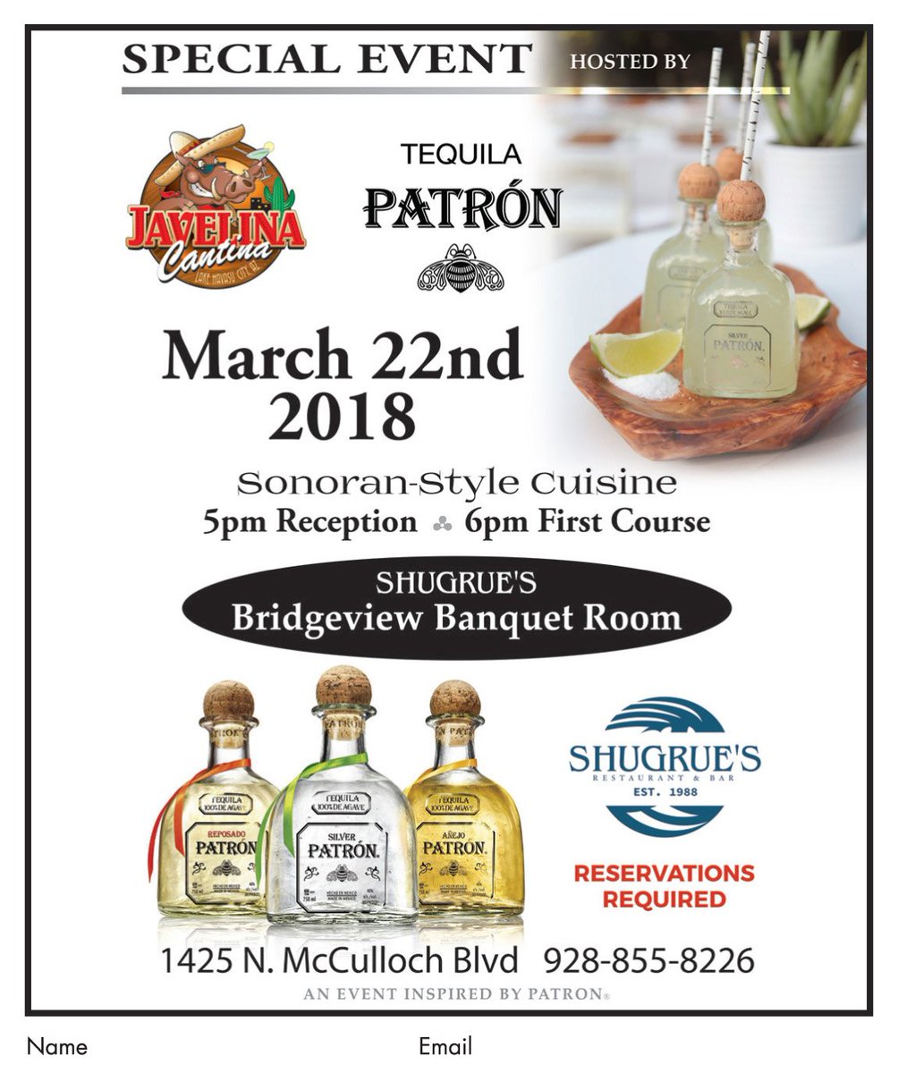 AdsPayUS's tweet photo. Mark your #calendar for the #SonoranStyleCuisine at Shugrues on March 22 starting at 5 p.m. Event hosted by Javelina Cantina and #TequilaPatron. Call today to reserve your spot!
#adspay #event #shugrues #food #drinks #special #event #bridgeview #lhc https://t.co/ccxLFeGjuO