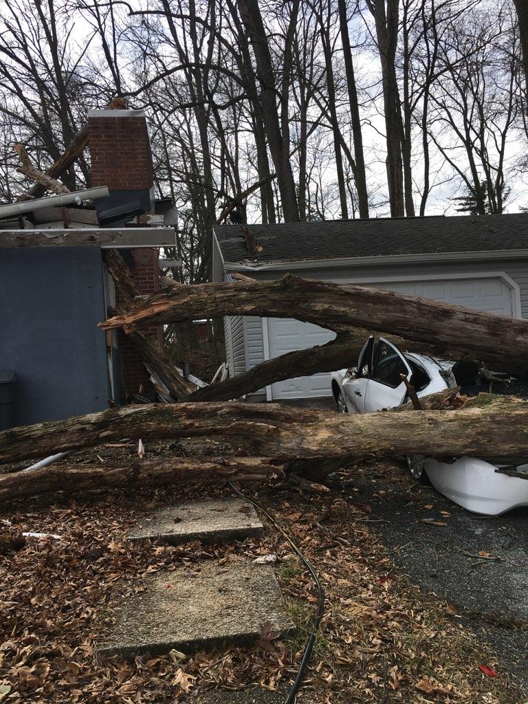 BaltCoPolice's tweet photo. Damage from today's high winds have been widespread across the county.  This morning, crews from the Upperco VFC responded to this home in the 5400 block of Mt. Gilead Rd in #Upperco.  No injuries were reported.  ^TR https://t.co/g32roapWvj