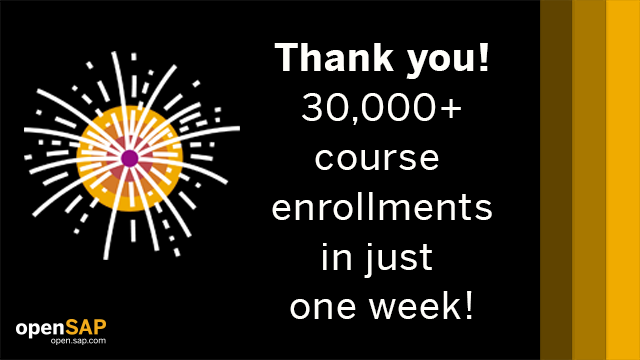 jmknell's tweet photo. After almost 5 years of openSAP, we just saw 30,000 course enrollments in one week - 4,000 more than before! Happy to see that you still enjoy learning with us :-) Thanks for helping us improve &amp; grow! https://t.co/IECvLetZb1 https://t.co/FcDc7mrWle