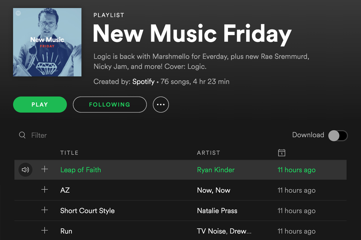 RyanKinder's tweet photo. So cool, @Spotify! Awesome seeing #LeapOfFaith in your #NewMusicFriday playlist. https://t.co/sEGydc9qWA https://t.co/eYeyN70Gur