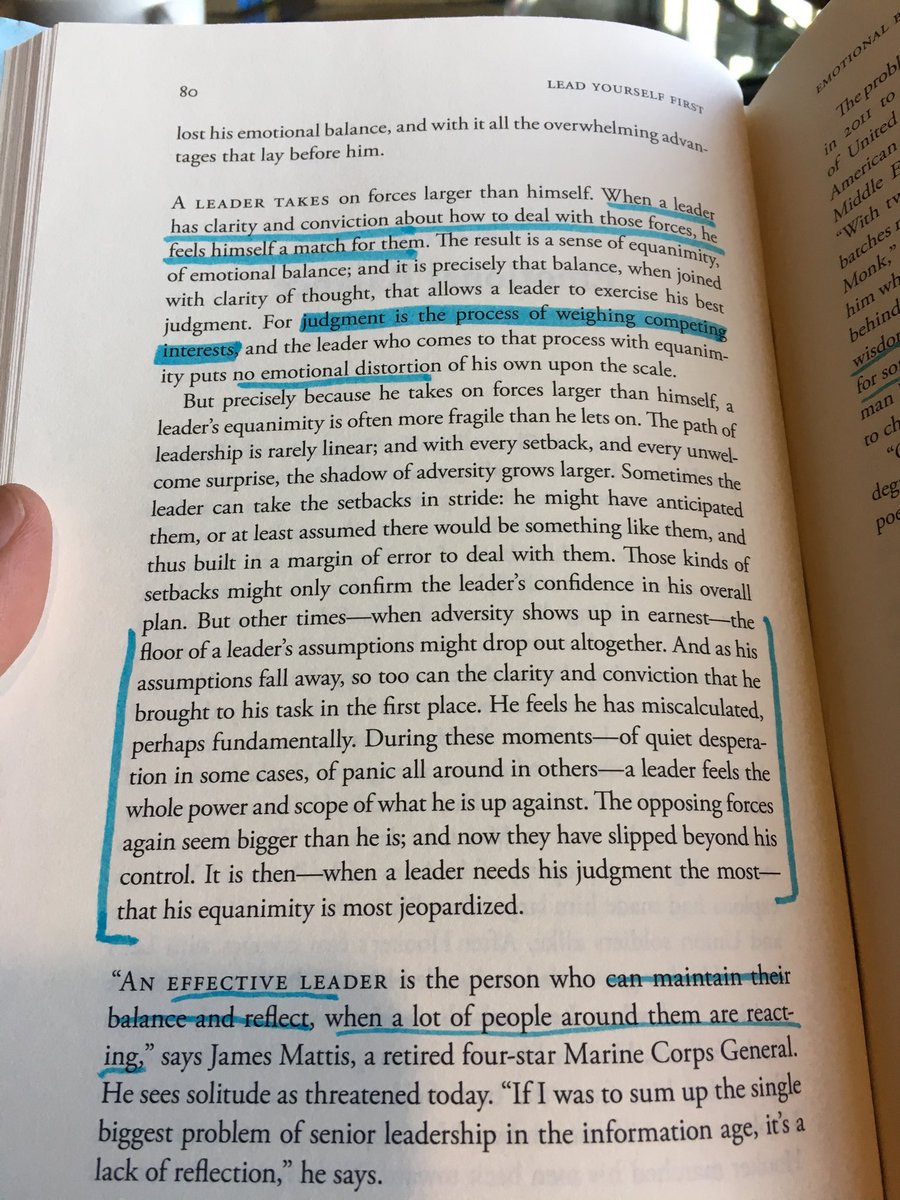 'During these moments of quiet desperation and panic all around, a leader feels the whole power and scope of what he is up against.' Great section on judgment, reflection, and solitude from @ErwinRWB.  #LeadYourselfFirst