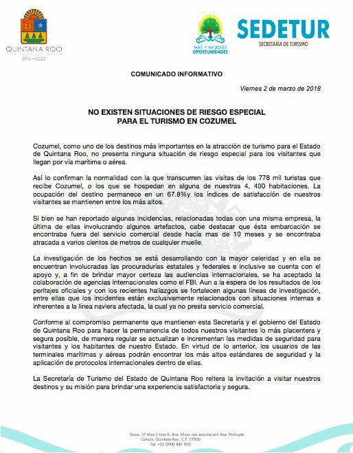MarisolVanegasP's tweet photo. 📝 #ComunicadoInformativo No existen situaciones de riesgo especial para el turismo en #Cozumel. @GobQuintanaRoo https://t.co/xbuXFA8AAB