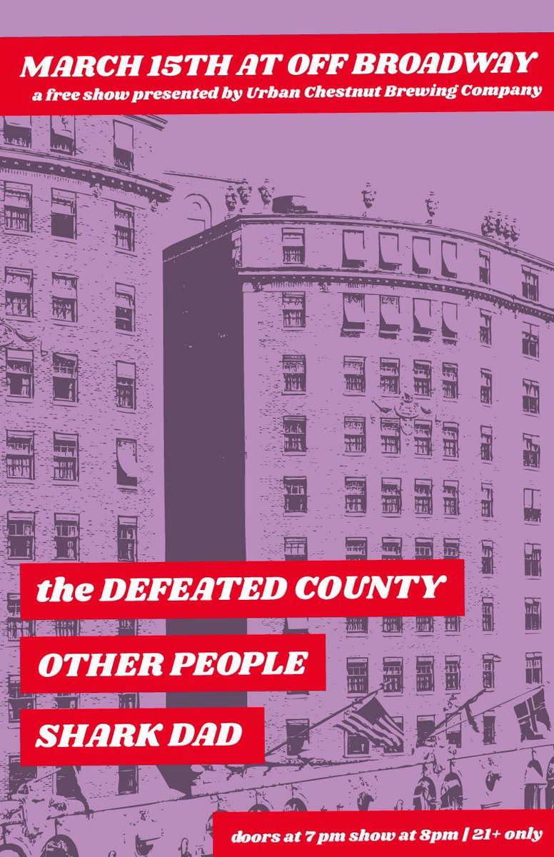 the news is out, all over town and all these bands will entertain you : <a href="/wearesharkdad/">Shark Dead?</a>, <a href="/DefeatedCounty/">The Defeated County</a> and <a href="/OtherPeopleSTL/">Other People</a> join forces at <a href="/offbroadwaystl/">Off Broadway</a> on March 15th > a FREE SHOW presented by <a href="/urbanchestnut/">UrbanChestnutBrewing</a>. See you then, sweeties!