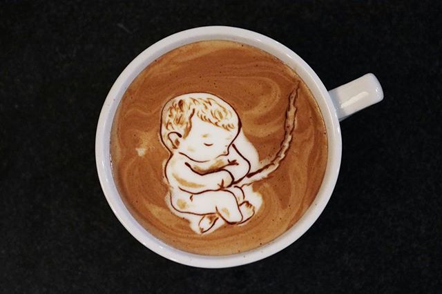 Melaquinosf's tweet photo. Baby, not before my coffee. 
#baby #fetus #sf #sanfrancisco #latteart #lattesketch #davidrio https://t.co/fMQNYQj5IY https://t.co/M7BRifEzJI