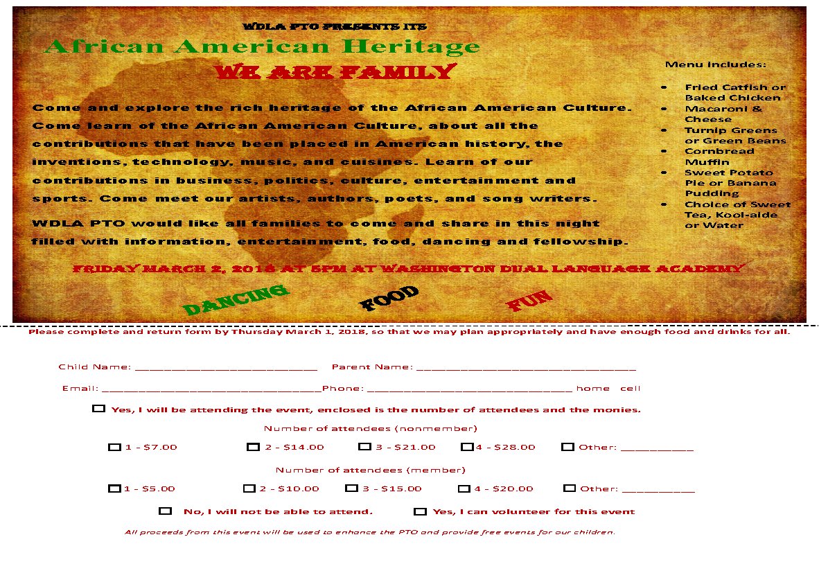 WashingtonSD89's tweet photo. PTO Event: African American Heritage at WDLA. Today Friday, March 2, 2018 at 5pm. ///Evento de PTO: CelebraciΓ³n del patrimonio Cultura Afroamericana. Hoy viernes, 2 de marzo a las 5pm. #duallanguage #blackhistorymonth #celebration #education #ptoevent
https://t.co/LewFnb6HLC? https://t.co/sqz6SWwy7m