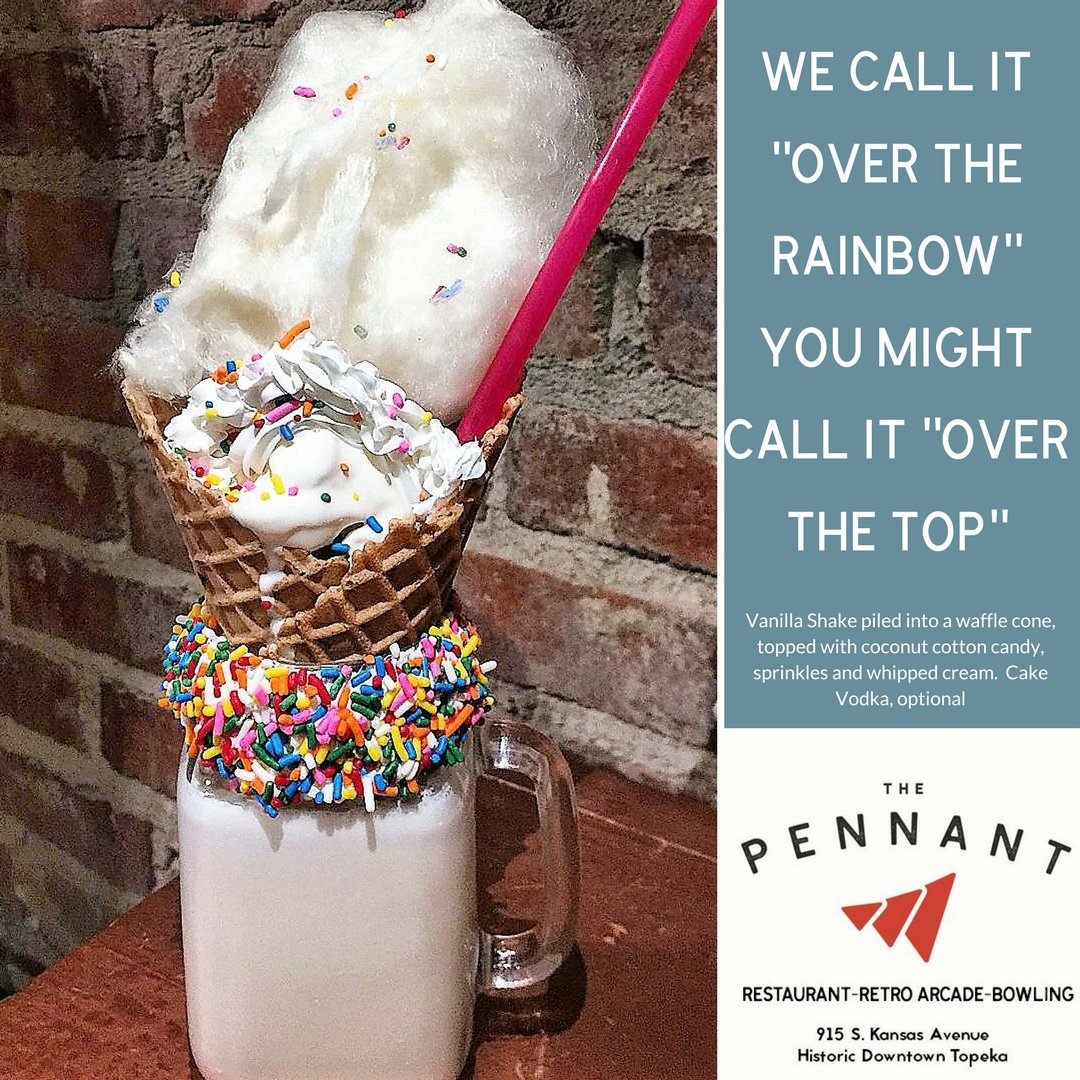 ThePennantTop's tweet photo. Introducing, the "Over The Rainbow" hand dipped shake.  Your choice of vanilla, chocolate or strawberry shake, piled into a waffle cone, topped with coconut cotton candy, sprinkles and whipped cream.  Adults can add Cake vodka. Arriving March 16th.
#breakthechain
#topeka https://t.co/ppmORQsu3E