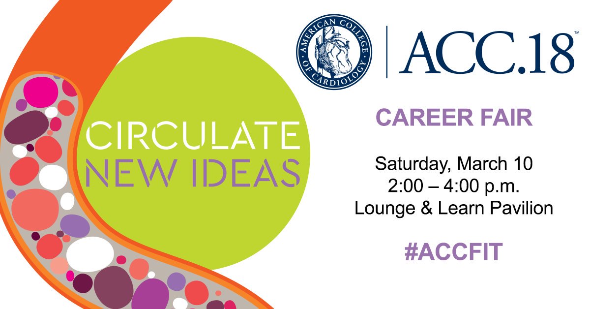 Looking for that first job? Thinking about taking your career to the next level? Take advantage of the many opportunities that await by attending the #ACC18 Career Fair! #ACCFIT #ACCEarlyCareer
<a href="/MJazayer/">mohammad ali jazayer</a> <a href="/Pooh_Velagapudi/">Poonam Velagapudi</a> <a href="/SamRRazaMD/">Dr Sam Raza, MD FACC FACP FASE</a> <a href="/DrSheilaSahni/">Dr. Sheila Sahni</a> <a href="/dr_chirumamilla/">Sravya Chirumamilla, MD, FACC ♥️</a> @GuruKowlgi