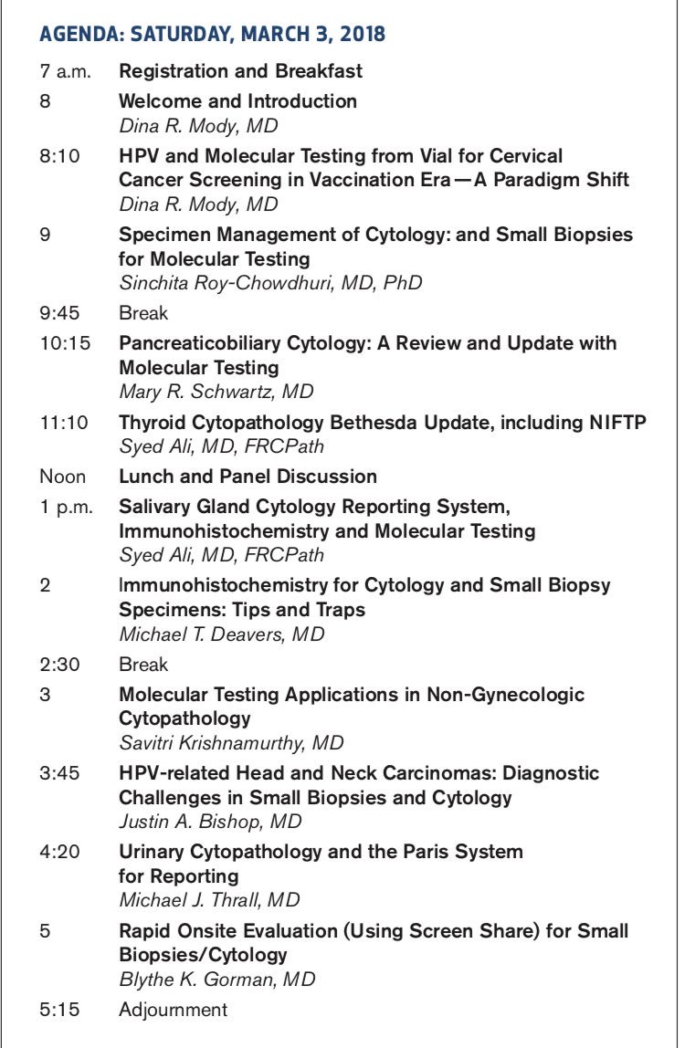 Excited to be part of this star line up presenting at #TexasMedicalCenter #cytology #smallbiopsy Meeting tomorrow with Drs  Modi & Schwartz #HPV #GIpath #endocrinepath #GUpath #MolPath #SalivaryGland #thyroid #pancreas #ParisSystem #MilanSystem @MethodistHosp @MDAndersonNews