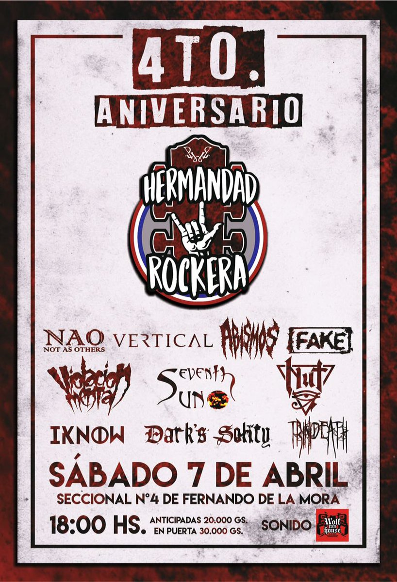 bornuzy's tweet photo. Ameos... Tenemos una cita el 7 de abril.
La Hermandad Rockera estará de aniversario y lo vamos a celebrar quemando toda la ciudad de Fernando De La Mora!
#death #grind #metal #deathmetal #deathgrind #violacion #violacionmental #southamerica #paraguay #brutal #wolfvanhouse https://t.co/bWsiGXxK8B