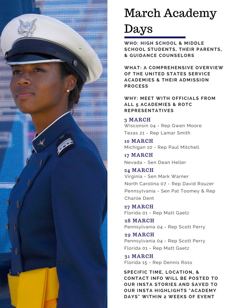 afa_admissions's tweet photo. Come check out the Service Academy Days happening this March! Visit our Instagram @ academyadmissions for more information on each event 😀 https://t.co/dE6Ih1bUly