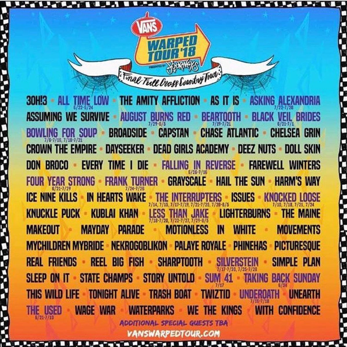 AltMCollective's tweet photo. What do you guys think about the FINAL WARPED TOUR Line-Up?! 🙀

Who are you guys most excited to see/or most upset about not playing? https://t.co/mjZTmc6RI5