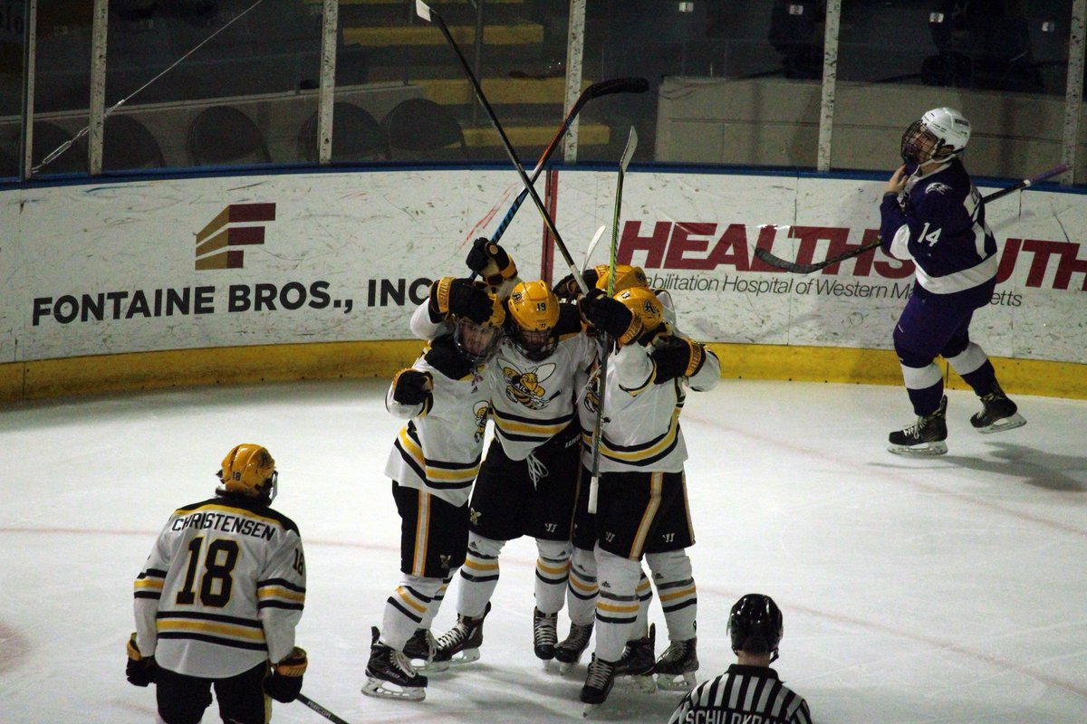 AIC_Hockey's tweet photo. Mood: Scoring the first goal of the @Atlantic_Hockey postseason. #AICommitted https://t.co/eWyp1wSUSh