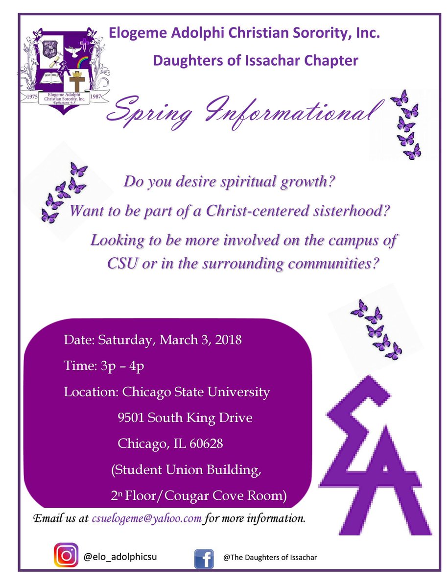 Elo_AdolphiCSU's tweet image. ATTENTION INTERESTED LADIES!! Hope to see you tomorrow at 3pm at CSU!! We would love to meet you!! God bless!! 💜💜💜
