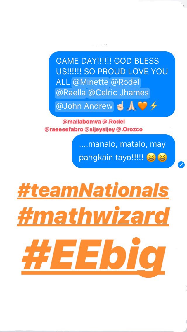 _assassinkillua's tweet photo. Please pray for our team as they compete for the #NATIONALMathWizard2018 today at Letran Manila. Team #EEBig, we go! Go ##EEYouth! β‘οΈπ§‘ https://t.co/wlhOWAnfHe