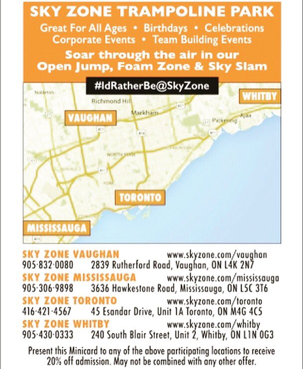 MinicardsTO's tweet photo. Ready for some Awesome. Healthy. Fun. this weekend? Head to the link in bio for more info on how to get 20% off admission @skyzone_toronto @skyzone @SkyZoneWhitby @SkyZoneVaughan @szmississauga for some #familyfun. #skyzone #trampoline #bounce #trampolinepark #dodgeball #friyay https://t.co/N8SlmME19r