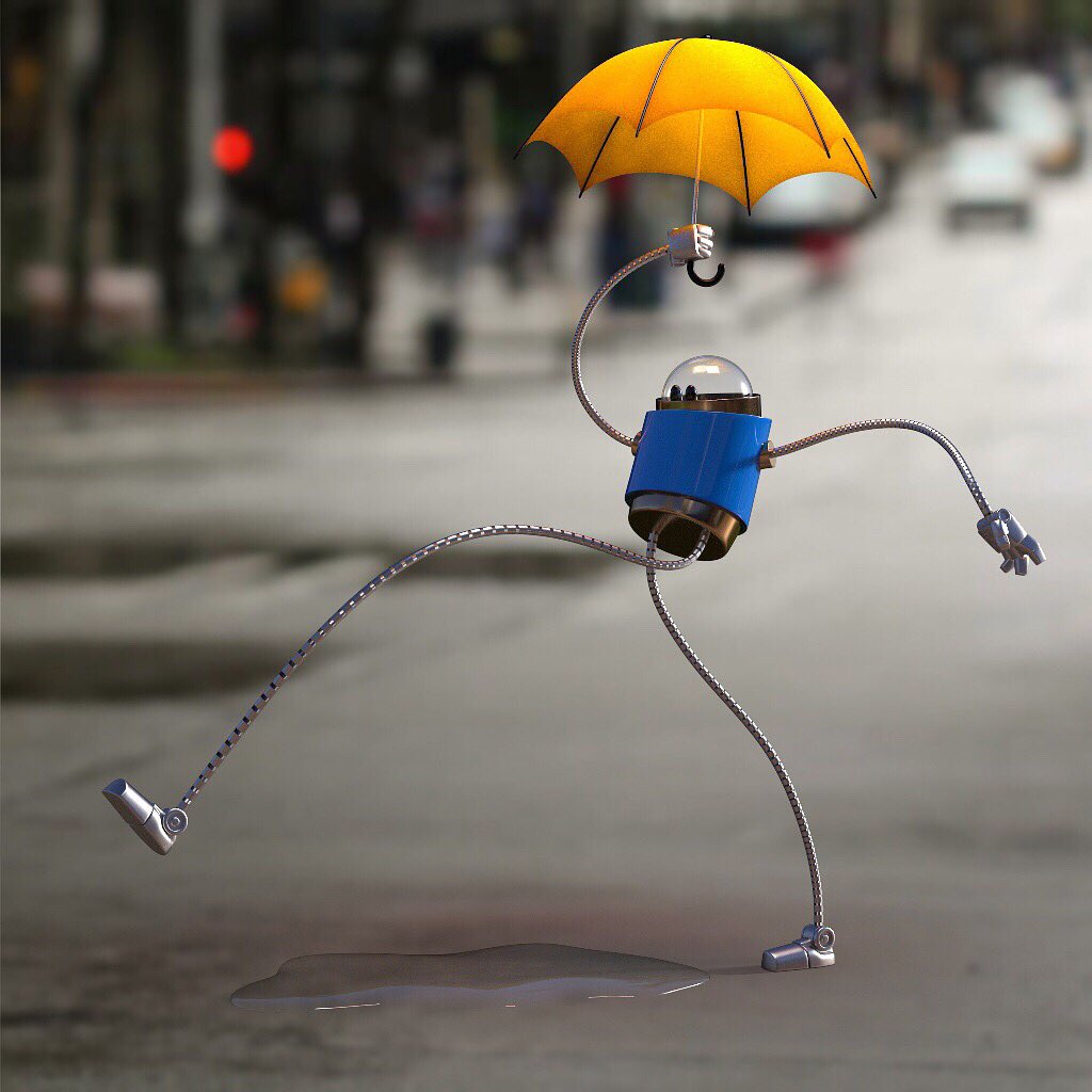 SteveTalkowski's tweet photo. March of Robots Day 02 - Since it’s raining today in LA, I decided to revisit my original UmbrellaBot from 2014. @autodesk @AdskMaya + @redshift3d on @AMD #Threadripper1950X #marchofrobots #sketchbot https://t.co/oBxgcRYhvj