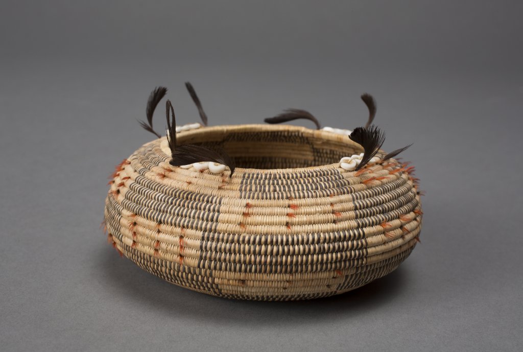these are gift baskets by unknown Pomo artists from the 19th-20th century, mostly made of willow