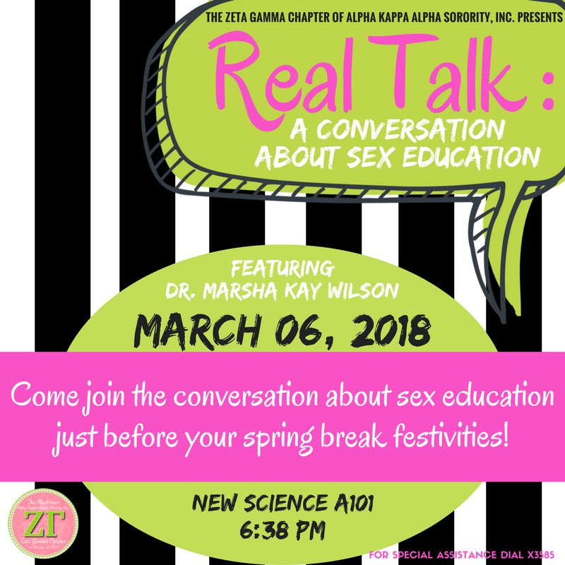 PV_AKAs's tweet photo. Letโs talk...Real TalK! Everyone is welcomed to join the PV Pretty Girls in a conversation about sex education. Bring your lovers and your friends to the New Science building on March 6, 2018 to room A101 at 6:38pm. SKee you there! ๐๐๐๐ฝโโ๏ธ #AKA1908 #ZetaGamma #ThosePVAKAs https://t.co/1cOXSyg0aU