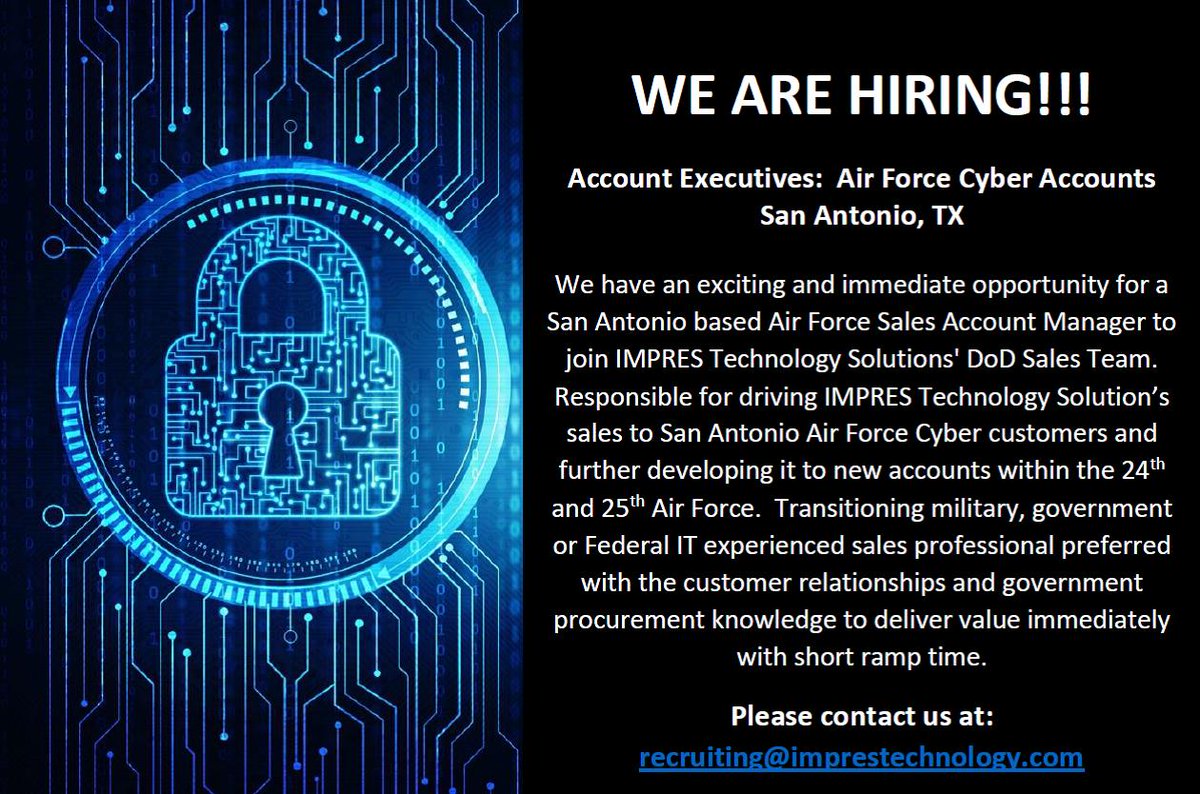 IMPRES_Tech's tweet image. Look what&apos;s happening over at #IMPRESTechnology !! If you are a team player and pride yourself on your great sales skills then we are looking for you.  Contact us at recruiting@imprestechnology.com for more exciting details #wearehiring #AccountExecutives #Airforce #clearancejobs