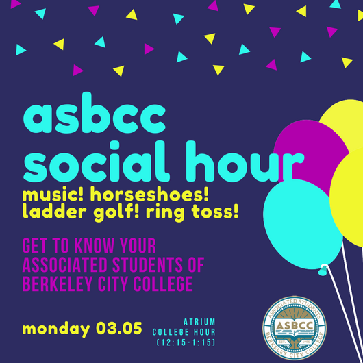 berkeleycc's tweet photo. #ASBCC is hosting a #SocialHour on Monday, 03.05, in the Atrium during #CollegeHour (12:15-1:15)! Join us for Music, Horseshoes, Ladder Golf &amp; Ring Toss! #WeAreBCC 🎉 https://t.co/XmlDqSbshR