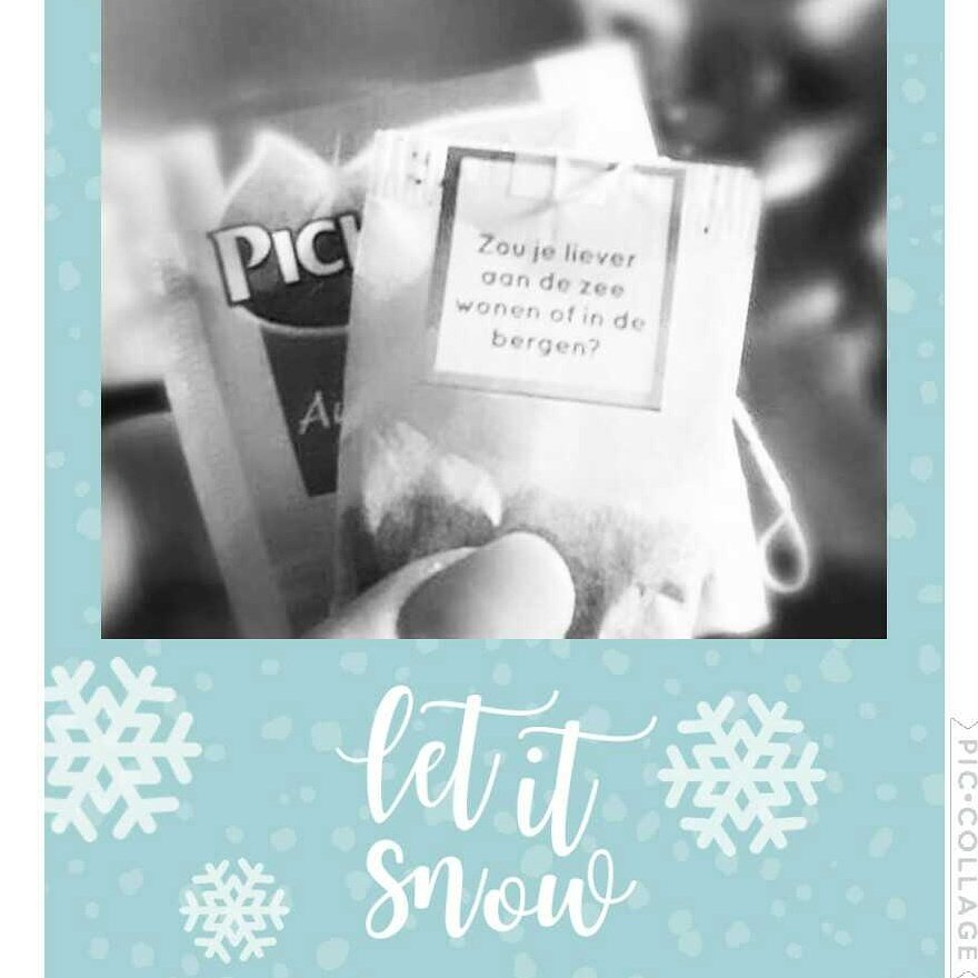 Hi hi, laatste kopje thee @ wintersport. Matthijs vertelt net "..dat hij hier voor áltijd wil blijven wonen, mama.." Eigenlijk lees ik nooit tekstjes op theezakjes, maar vandaag lees ik net de vraag-der-vragen... #zoujelieveraanzeewonenofindebergen #watwiljij #wintersport ⛷❄☕