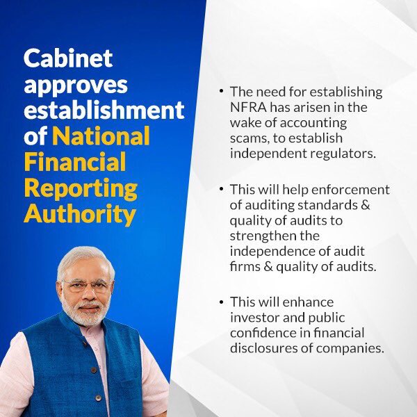 VinodChavdaBJP's tweet image. Modi govt has approved a bill to establish ‘National Financial Reporting Authority’, which will enforce the standards of audit &amp;amp; accounting. #CrackdownOnCorruption