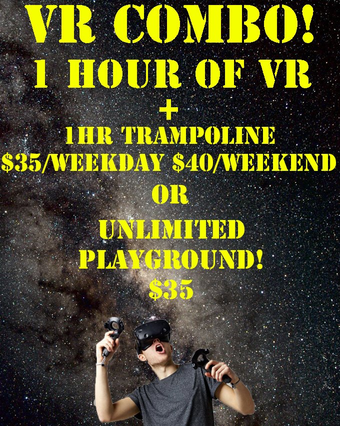 AimHighParkVR's tweet photo. It's THE WEEKEND! Come play some VR before heading back to school! With the new VR Combos you can get Jump time or playground AND an hour of Virtual Reality! With over 50 GAMES! #YMM #Fortmac #VR https://t.co/Cc8FZEAK55