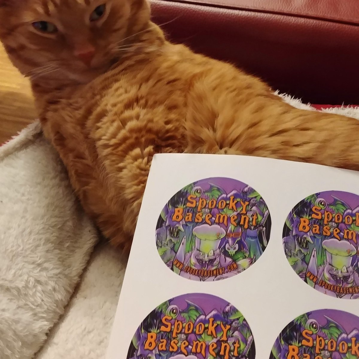 ClayAstroman's tweet photo. New (free!) Samcula-orange stickers ready for Monster Mania. You pumped/primed? #spooky #spookybasement #horror #halloween #monstermania #jersey #horrorfiction #horrorcomedy #samcula https://t.co/e6WaWngUI1