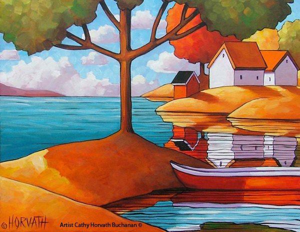Red Canoe Cabin Lakeside Retreat Art Print, Summer Cottage Modern Folk Art, Waterside Landscape 8x11 Artwork by Artist Cathy Horvath Buchanan etsy.me/2CSe5H7 #art #artprints #canoeart #lakehouseart #cottageart #Etsy #etsyshop