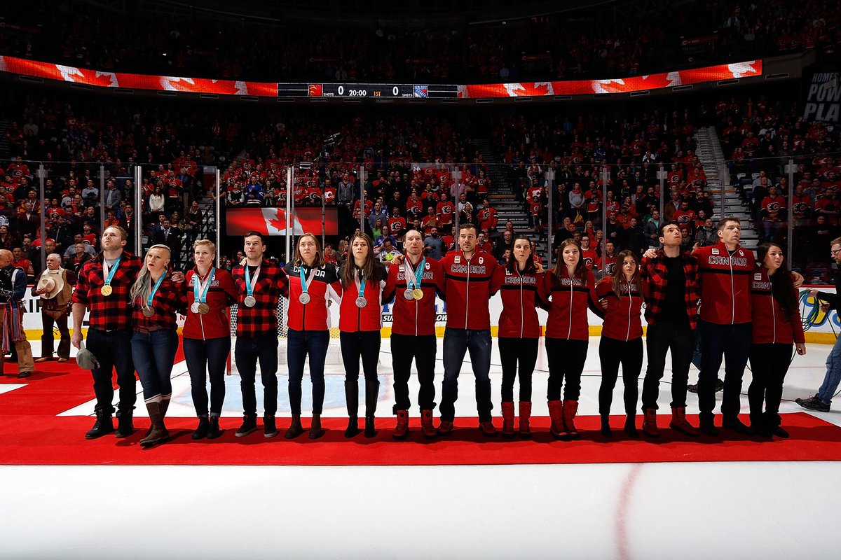 NHLFlames's tweet photo. Big thanks to all of the @TeamCanada 🇨🇦 Olympians that could join us tonight! So proud of you all! https://t.co/pvXyA7hhWg
