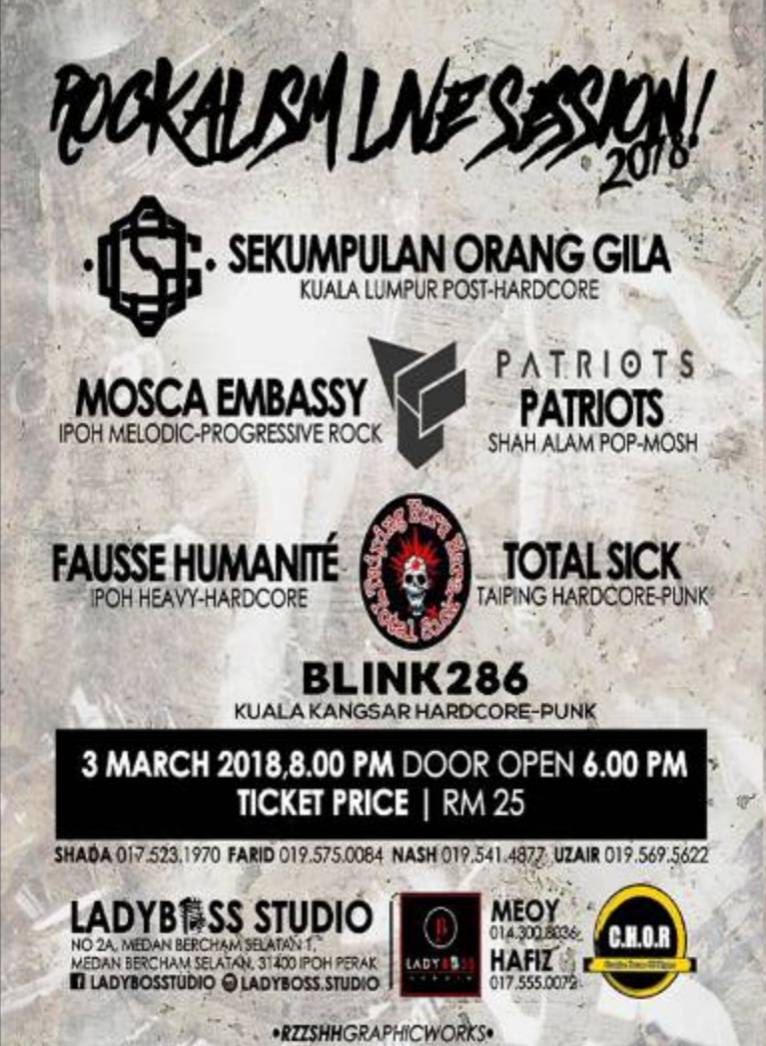 Jenn_Thompson's tweet photo. #PERAK TODAY March3 ROCKALISM LIVE SESSION 2018 8pm LadyBossStudio (2AMedanBerchamSelatan1) #IPOH ft. @weareSOG #MoscaEmbassy @PatriotsMY #FauseHumanite #TotalSick #Blink286 https://t.co/yEv77wnkcr
