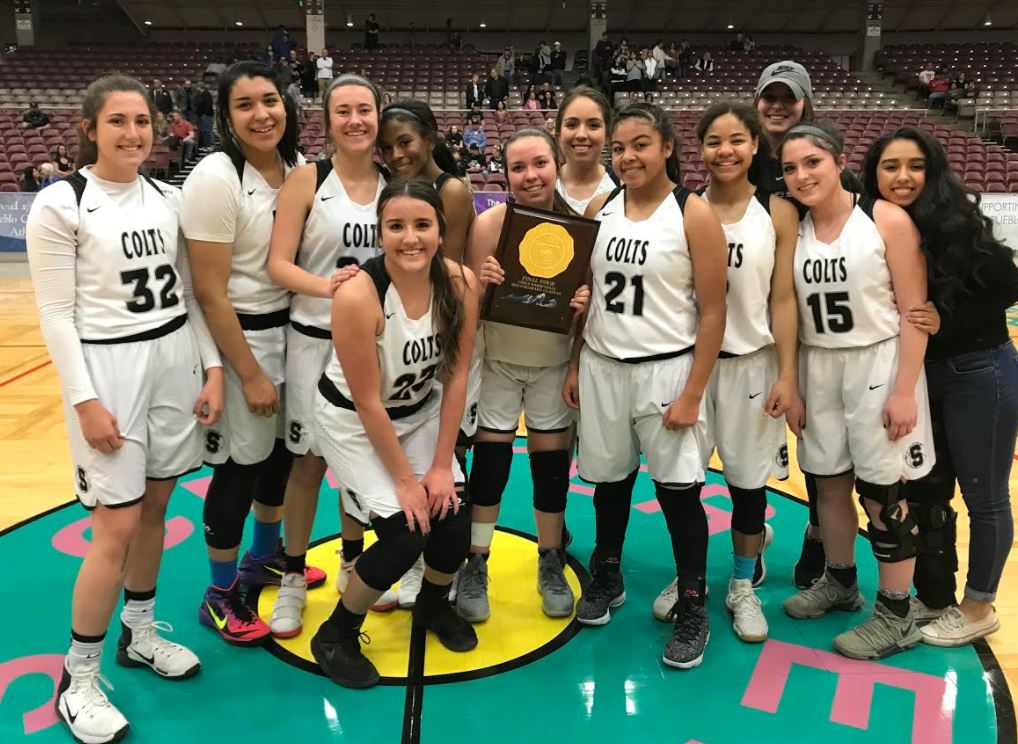 PuebloSouthHS's tweet photo. And then there were FOUR!

The Lady Colts reach the 2018 CHSAA Girls Basketball State Tournament Final Four for the second year in a row with a convincing win over the Sierra Stallions 70-39. South will face Mesa Ridge on March 8th at the Denver Coliseum.  GO COLTS!!! https://t.co/M1idVJwRfK