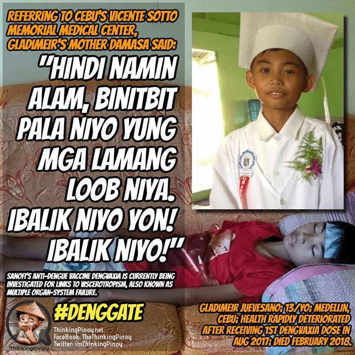 ThinkingPinoyPH's tweet photo. [#DengGate] INVASION OF THE ORGAN SNATCHERS?

Thirteen-year-old Medellin Cebu Dengvaxia vaccinee Gladimier Juevesano's mother has asked for legal assistance from the Public Attorney’s Office PAO so she can recover Gladimier's internal organs that were ta… https://t.co/oxZqLRuC71 https://t.co/bsR23ffTTr