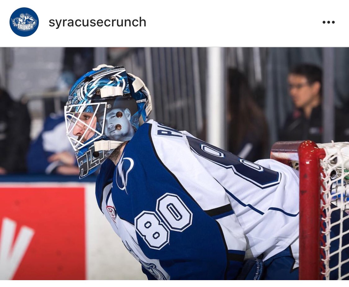 liveryartstudio's tweet photo. Eddie Pasquale sportin his new mask! 🔥🔥🔥 finally get to this mask in action. One of my favorites!! @SyracuseCrunch @TBLightning #headstronggrafx #goaliemask #custompaint #maskpainter https://t.co/ix7pLJNcnm