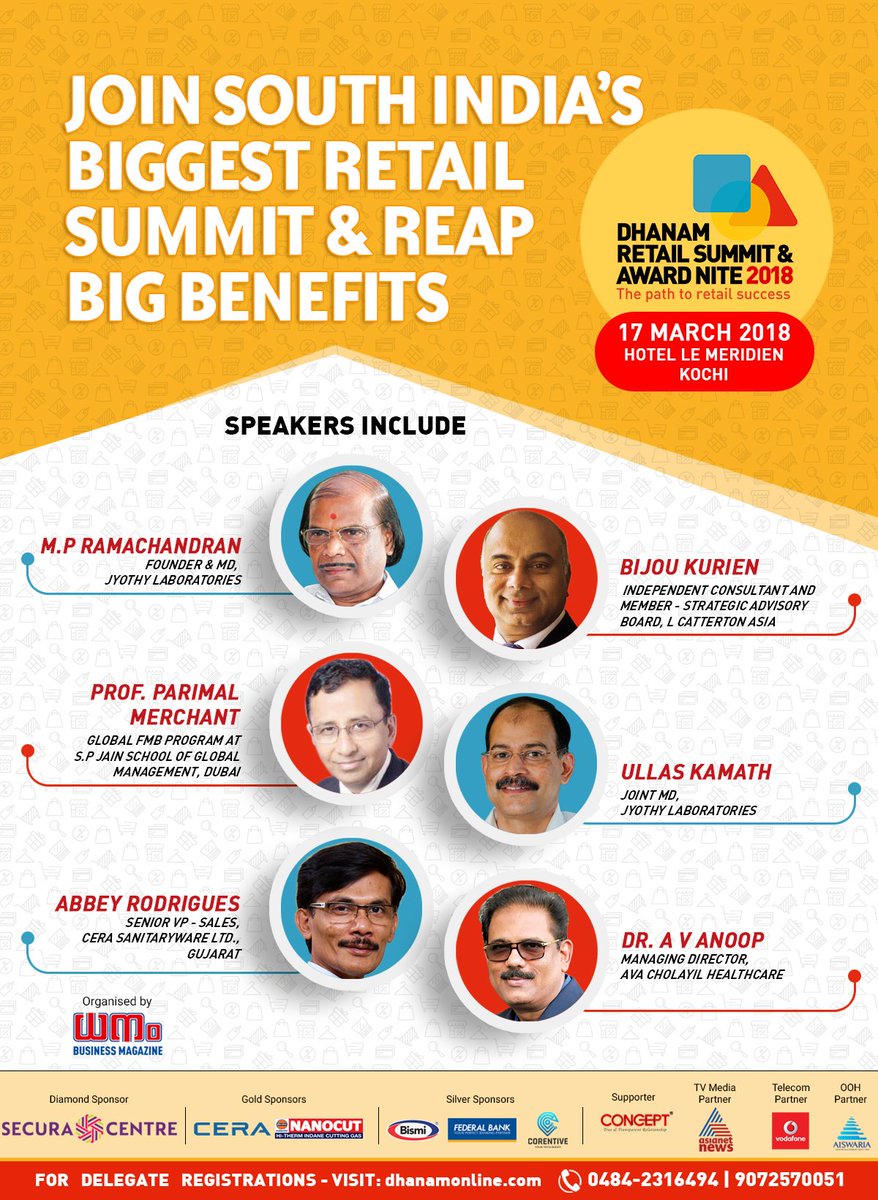dhanamonline's tweet photo. Join us for the 2nd Edition of the #Dhanam_Retail_Summit &amp; Award Nite 2018, which will cover hot topics like the Future of the Retail Industry, #Digital_Marketing in #Retailing, #Women_power in Retail and #Big_Data_analytics

KnowMore: https://t.co/UxMKae0D9Z https://t.co/OEW0lnye73