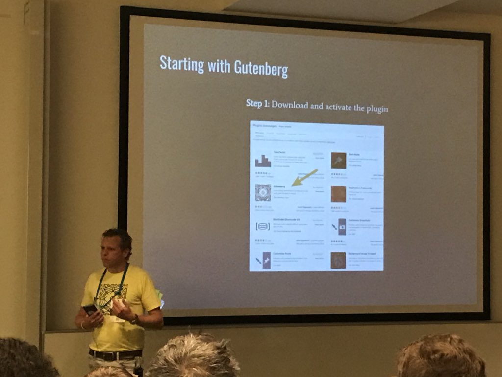 yoast's tweet photo. Starting with #Gutenberg: download the plugin! - #WCANT talk by @mbootsman https://t.co/BcM9rHT8GF