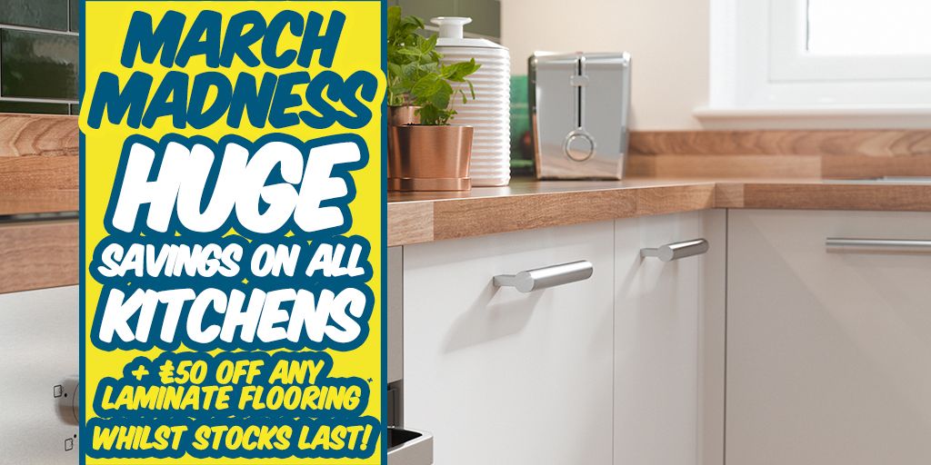 We've got HUUUUUUGE savings on all of our kitchens for our March Madness event PLUS we'll give you £50 off any laminate flooring when purchased alongside your new kitchen!! 💪
