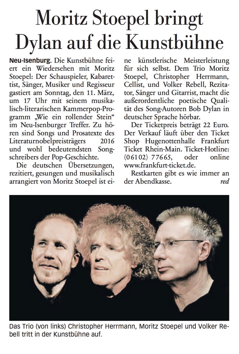 ffkni's tweet photo. Heute in der FNP. #ffkni #kbni #neuisenburg #kunstbuehne #moritzstoepel #dylan #BobDylan https://t.co/R7CutHW1nR
